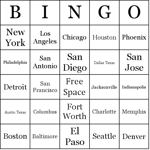 List of U.S Cities By Population Bingo Card Preview