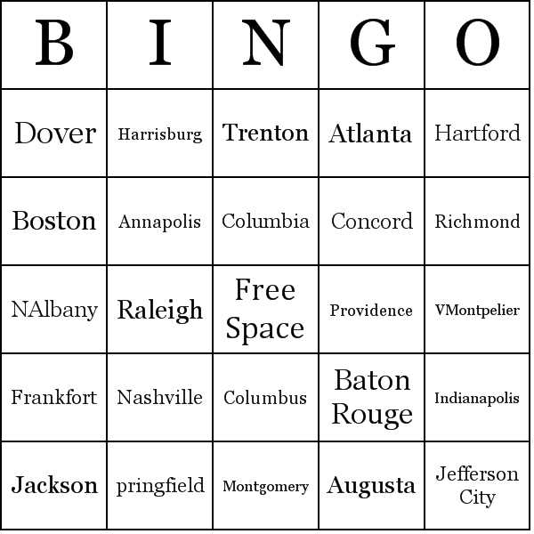 List of U.S.Capitals Bingo Card Preview
