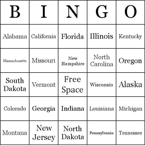 Us States Bingo Card Preview