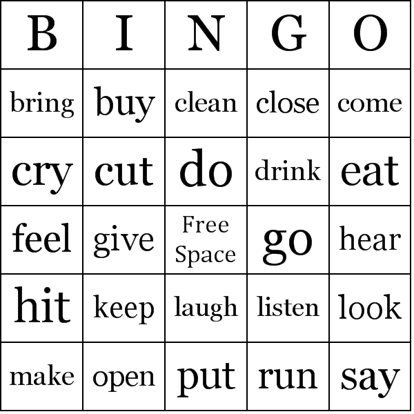Action Verbs Bingo Card Preview