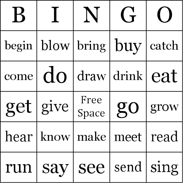 English Irregular Verbs Bingo Card Preview