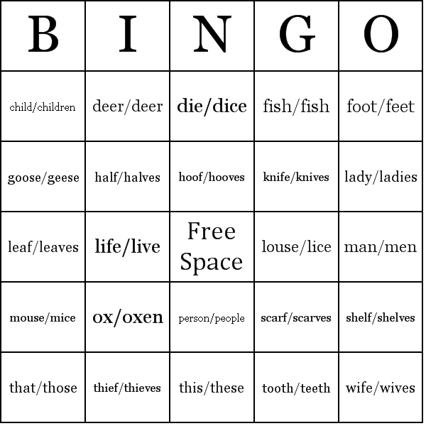 Irregular Plurals Bingo Card Preview