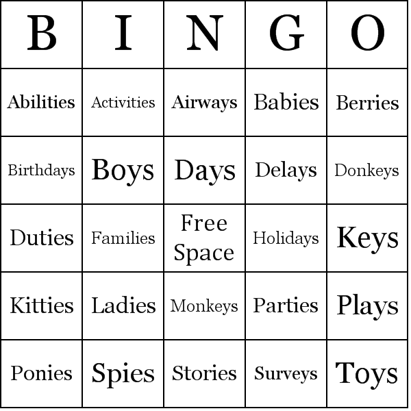 Plurals of Words Ending in 'Y' Bingo Card Preview