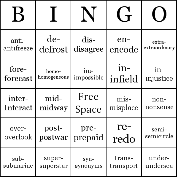 Prefixes Bingo Card Preview