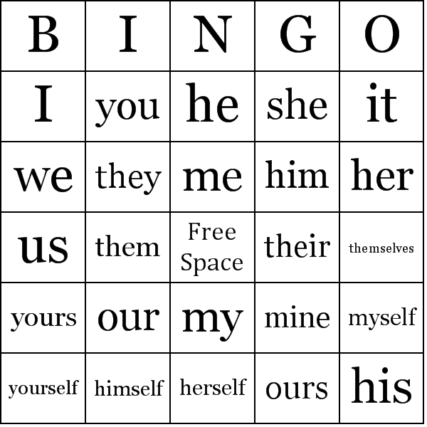 Pronoun Bingo Card Preview