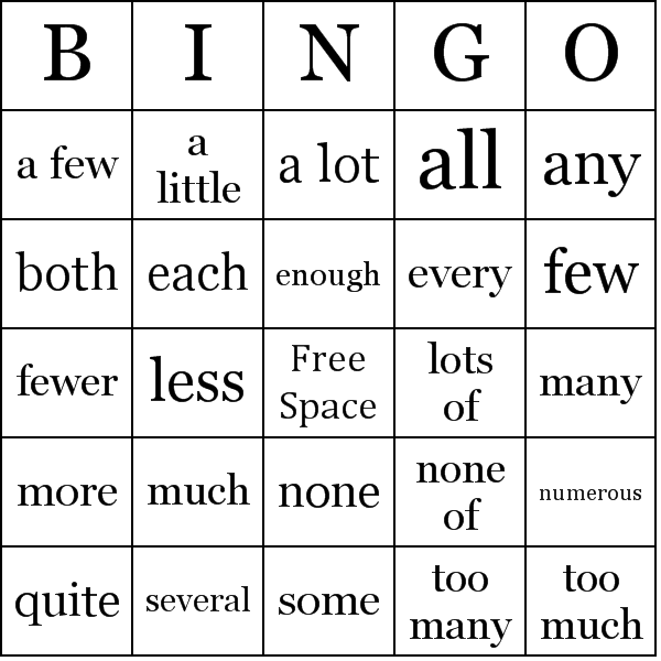 Quantity Adverbs Bingo Card Preview