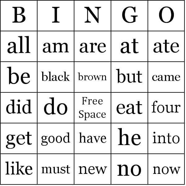 Sight Words Primer Bingo Card Preview
