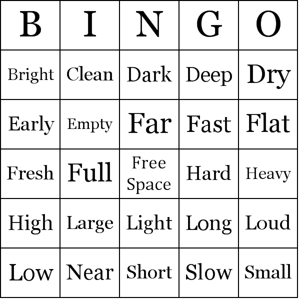 Simple Adjectives Bingo Card Preview