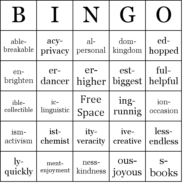 Suffixes Bingo Card Preview