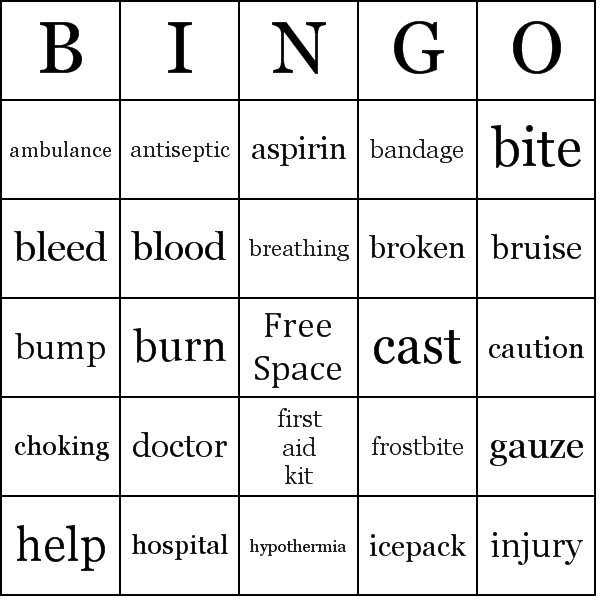 First Aid Bingo Card Preview
