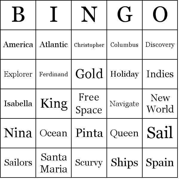 Columbus Day Bingo Card Preview