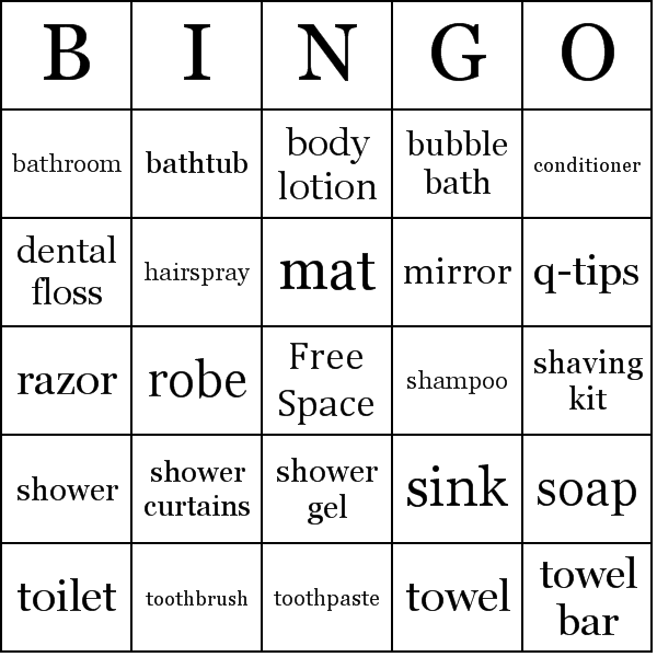Bathroom Vocabulary Bingo Card Preview