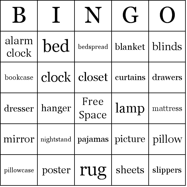 Bedroom Vocabulary Bingo Card Preview