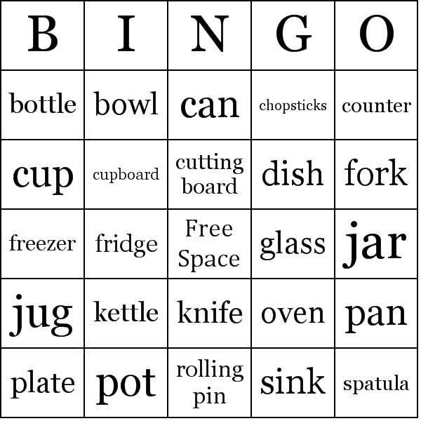 Kitchen Vocabulary Bingo Card Preview