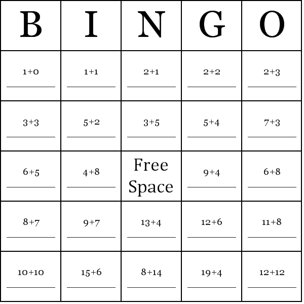 Addition 1 25 Bingo Card Preview