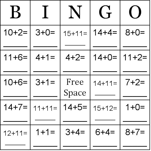 Addition Using Numbers Between 0 15 Bingo Card Preview
