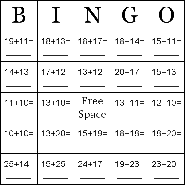Addition Using Numbers Between 10 25 Bingo Card Preview