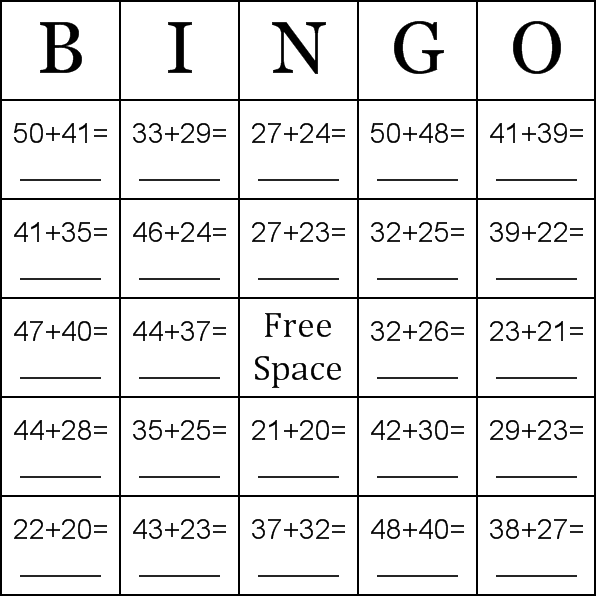 Addition Using Numbers Between 20 50 Bingo Card Preview