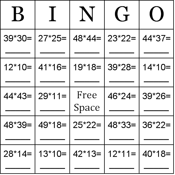 Multiplication Using Numbers Between 10 50 Bingo Card Preview