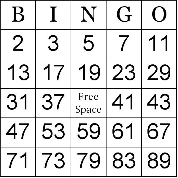 Prime Numbers Bingo Card Preview