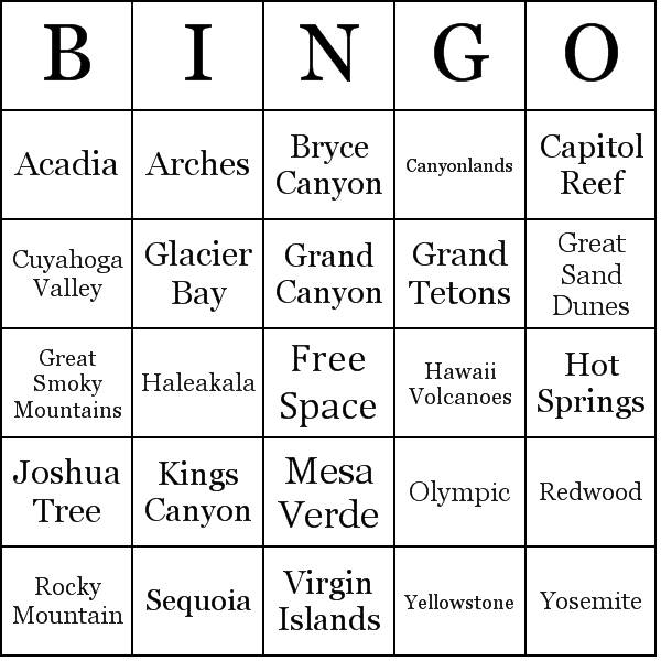 National Parks of the U.S Bingo Card Preview