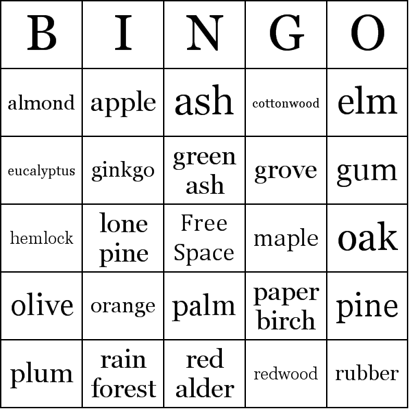 Type of Trees Bingo Card Preview
