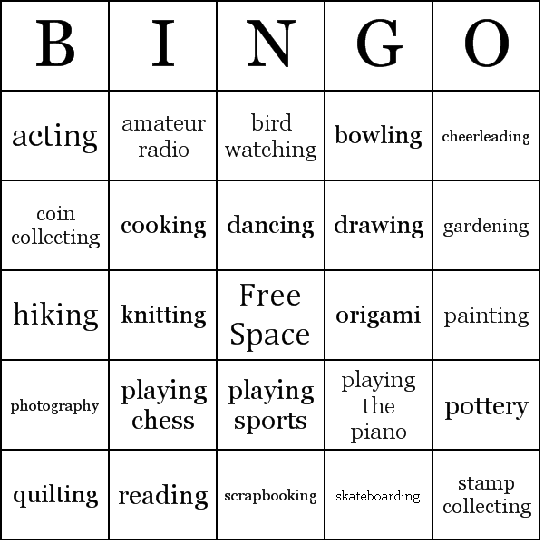 Hobbies Bingo Card Preview