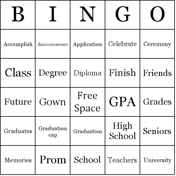 Graduation Bingo Card Preview
