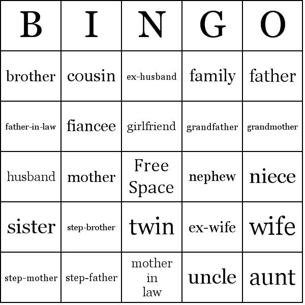 Family Relationships Bingo Card Preview