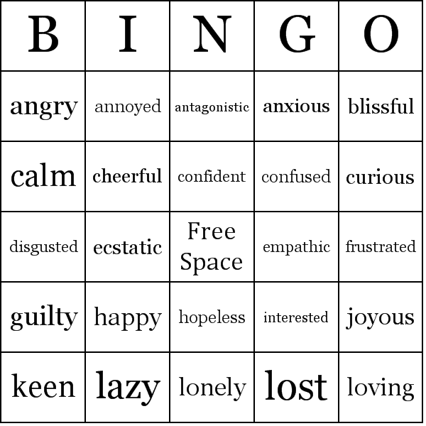 Feelings and Emotions Bingo Card Preview