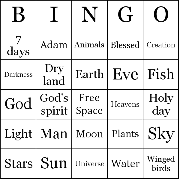 Bible-Creation Bingo Card Preview