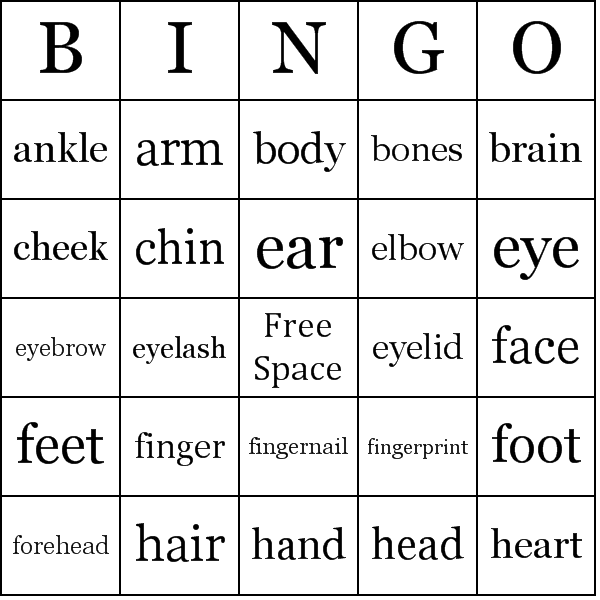 Anatomy Human Body Bingo Card Preview