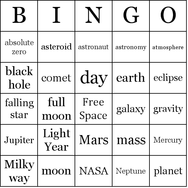 Astronomy Bingo Card Preview
