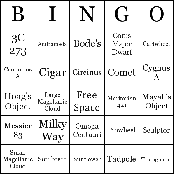 Galaxies Bingo Card Preview