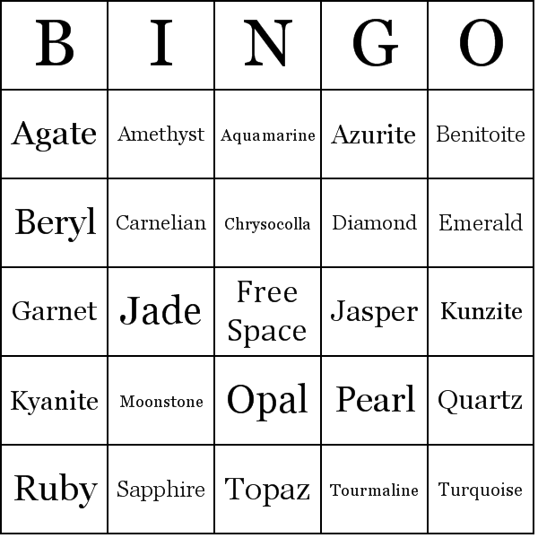 Gemstone List Bingo Card Preview