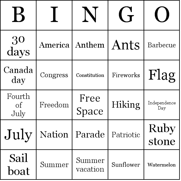 July Bingo Card Preview