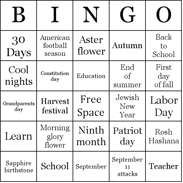 September Bingo Card Preview