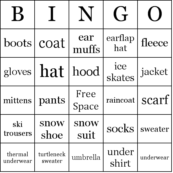 Winter Clothes Bingo Card Preview