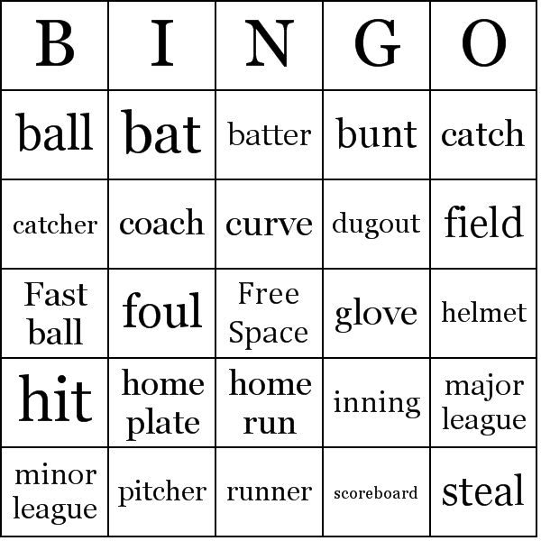 Baseball Bingo Card Preview