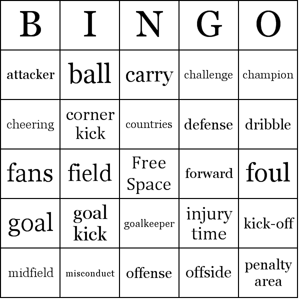World Cup Bingo Card Preview