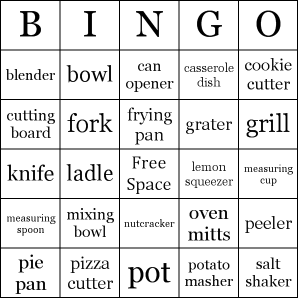 Kitchen Utensils Bingo Card Preview