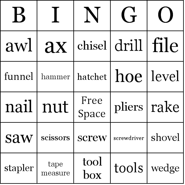 Tools Bingo Card Preview