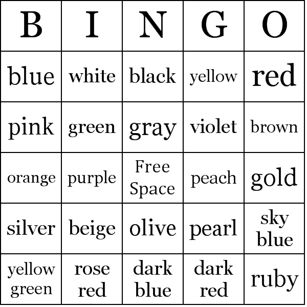 Colors Bingo Card Preview