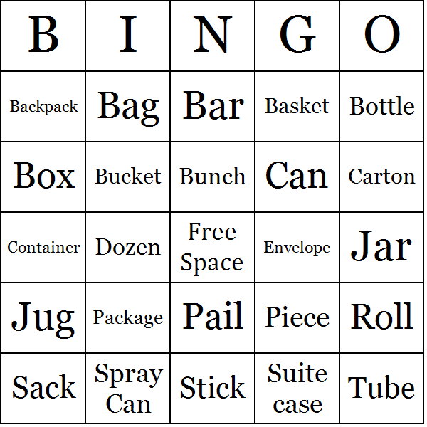 Containers and Quantity Bingo Card Preview