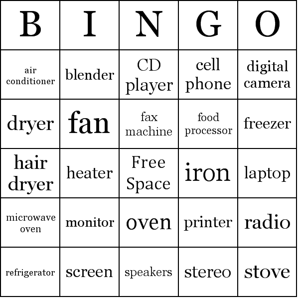 Electrical Appliances Bingo Card Preview