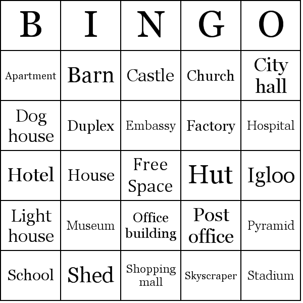 List of Building Types Bingo Card Preview
