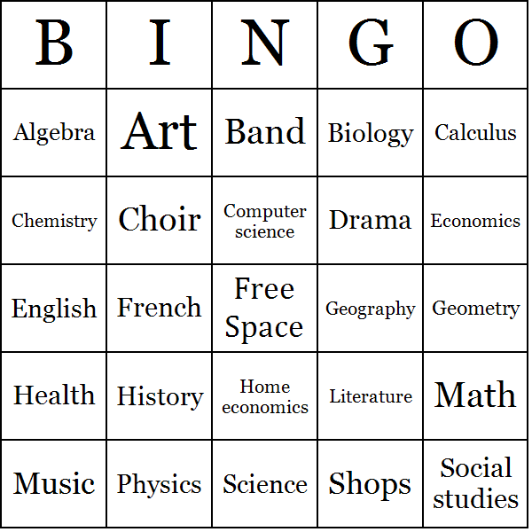 School Subjects Bingo Card Preview