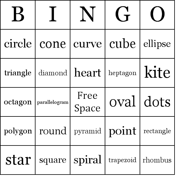 Shapes Bingo Card Preview