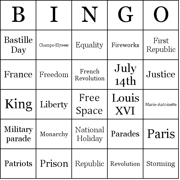Bastille Day Bingo Card Preview