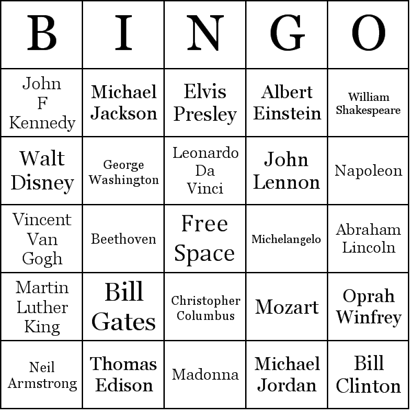 Famous People Bingo Card Preview